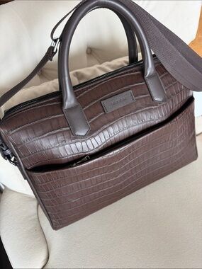 Canali Dark Brown Croc-Embossed Leather Laptop Briefcase